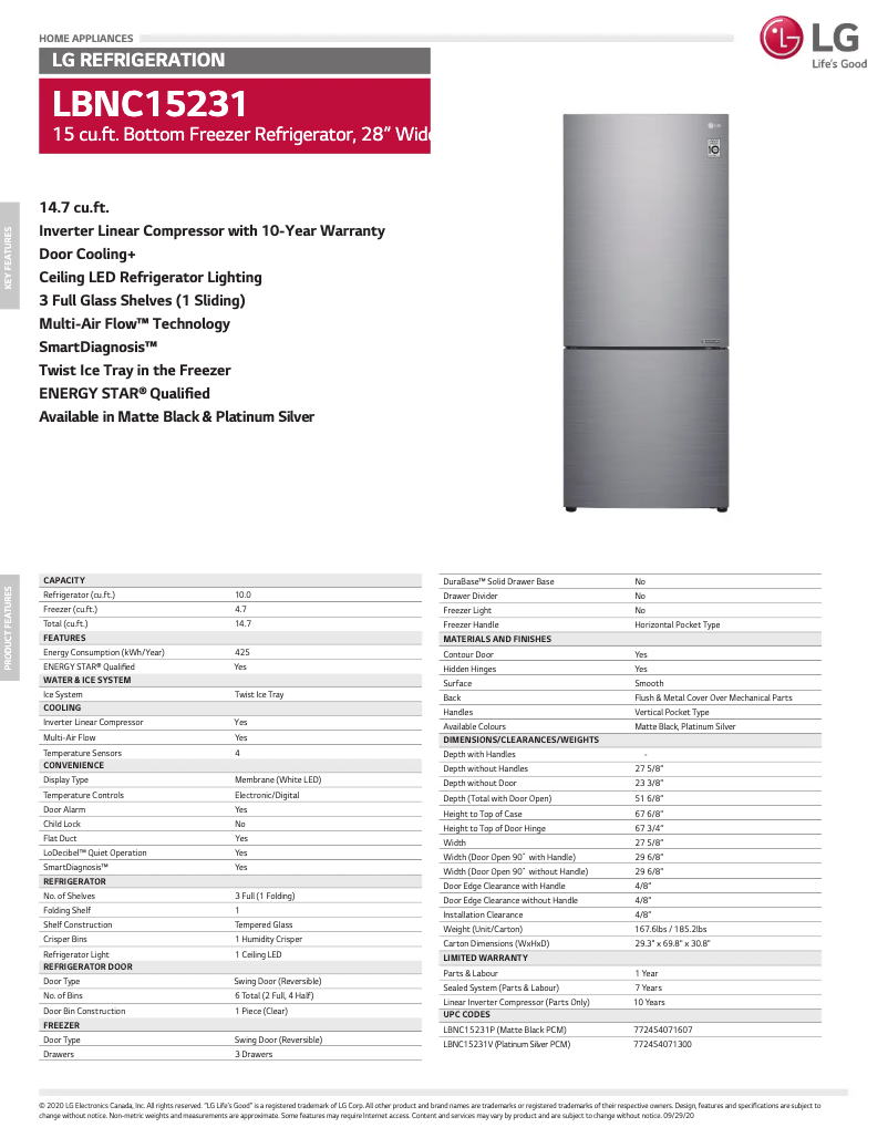 Page 1 of the manual Technical Sheet LG LBNC15231P