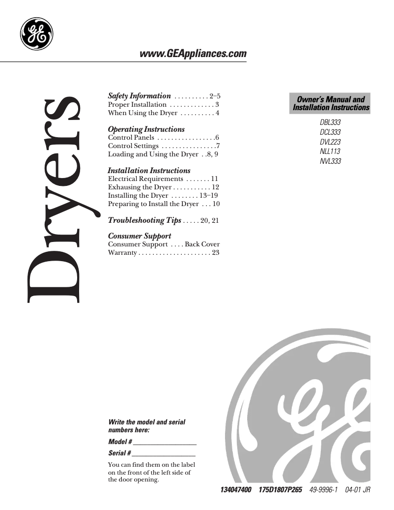 Page 1 of the manual Installation Guide GE NVL333GYAA