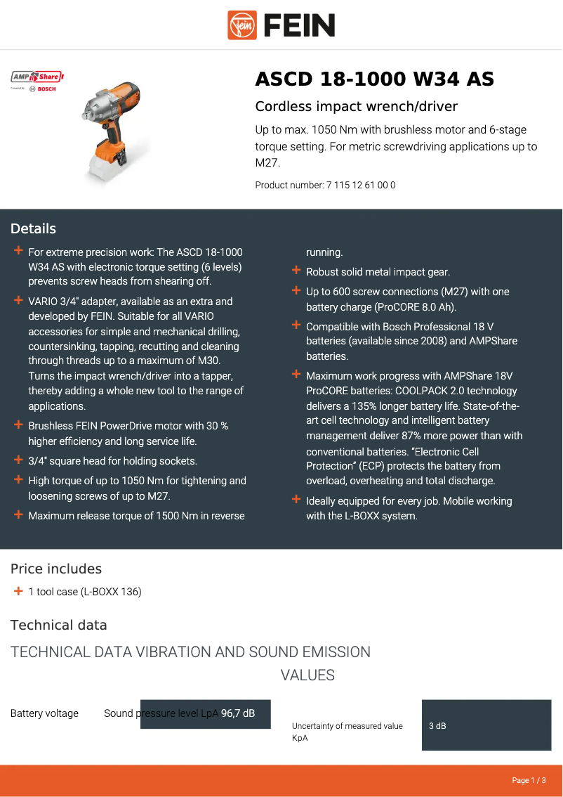 Page 1 of the manual Technical Sheet Fein ASCD 18-1000 W34