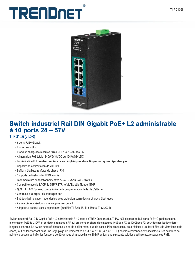 Page 1 of the manual Technical Sheet TRENDnet TI-PG102I