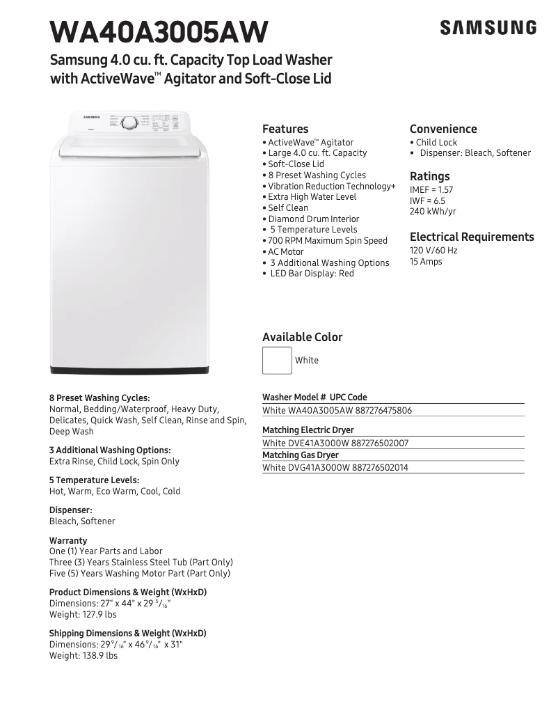 Page 1 of the manual Technical Sheet Samsung WA40A3005AW