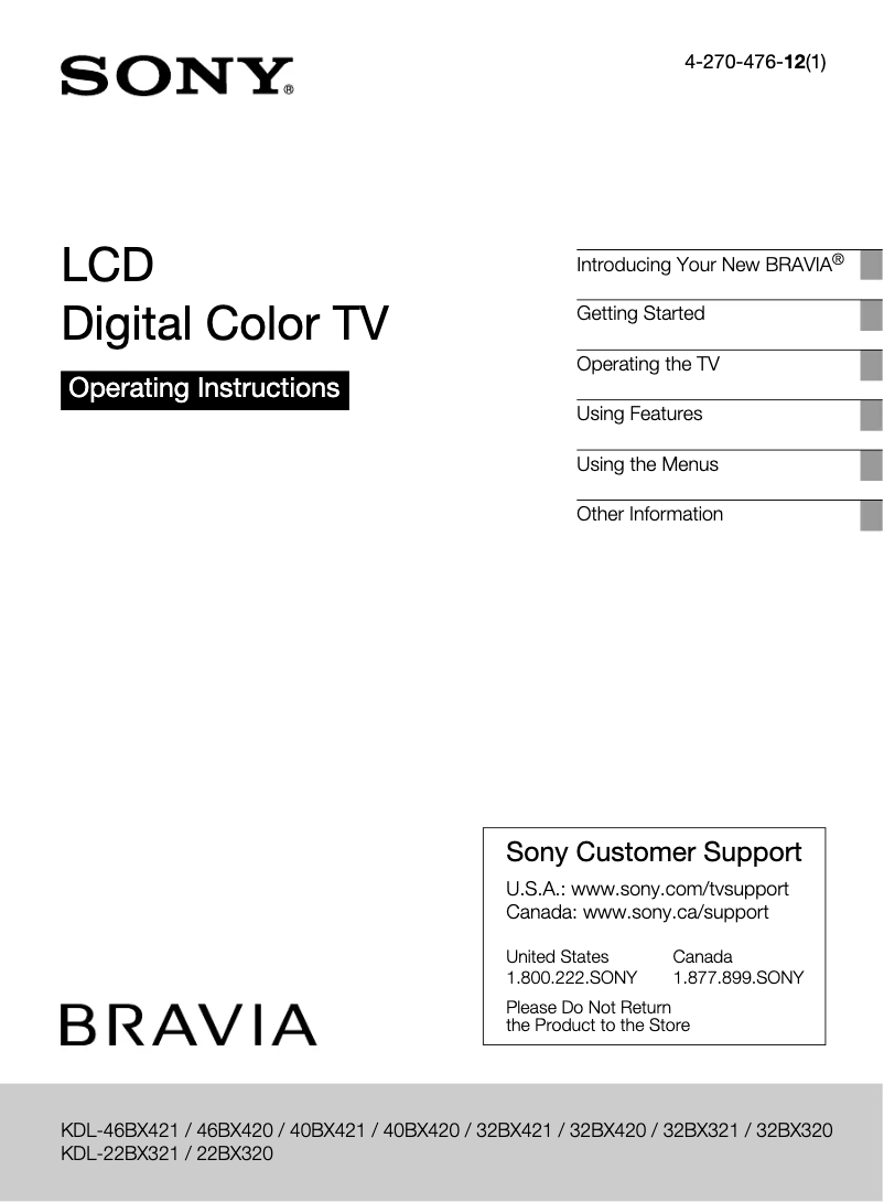 First page image of the manual for Bravia KDL-46BX421