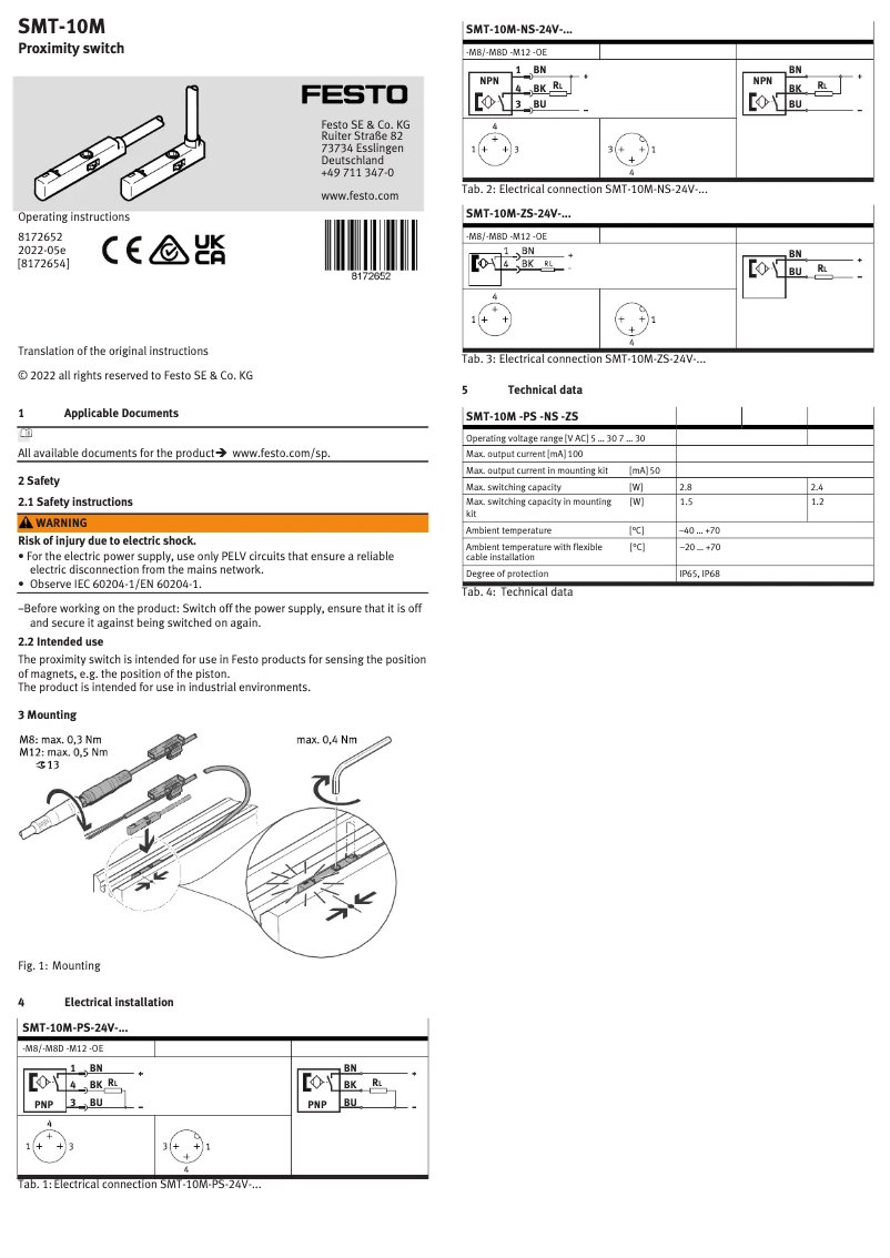 First page image of the manual for SMT-10M-PS-24V-E-0,3-L-M12