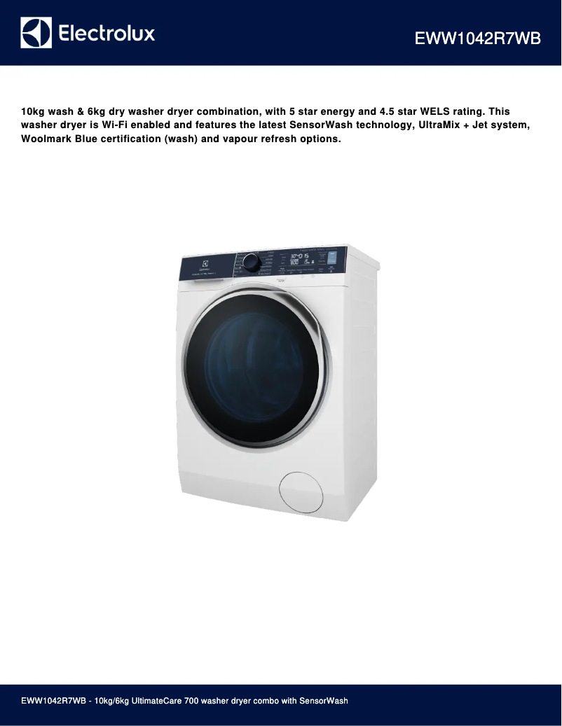 Page 1 of the manual Technical Sheet Electrolux EWW1042R7WB