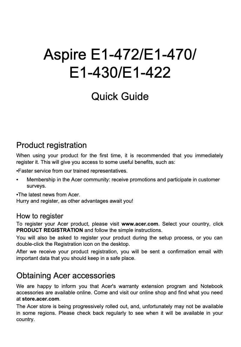 Page 1 of the manual Quick Start Guide Acer Aspire E1-422G