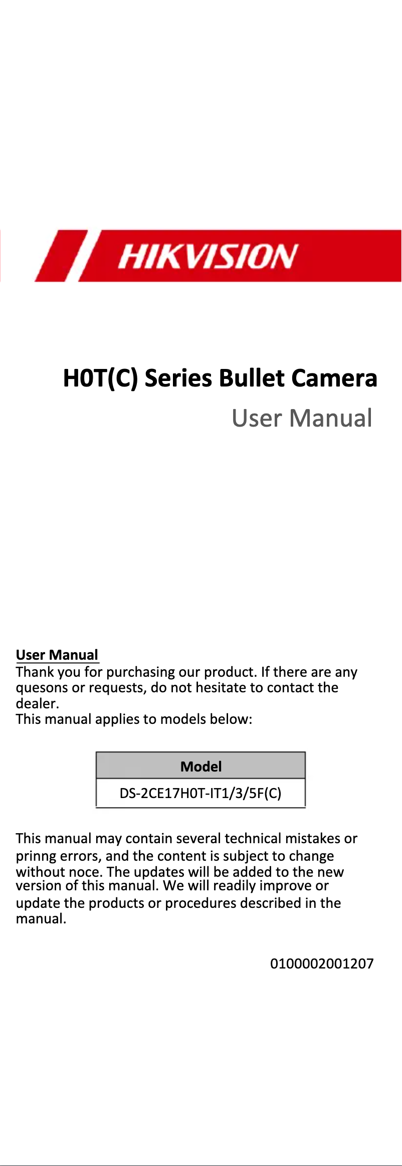 First page image of the manual for DS-2CE17H0T-IT3F