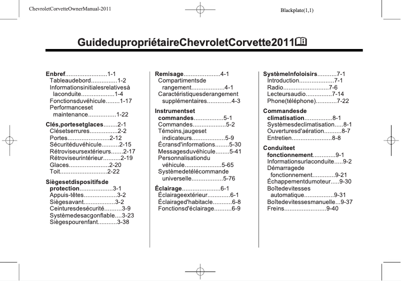 Page 1 of the manual User Manual Chevrolet Corvette (2011)