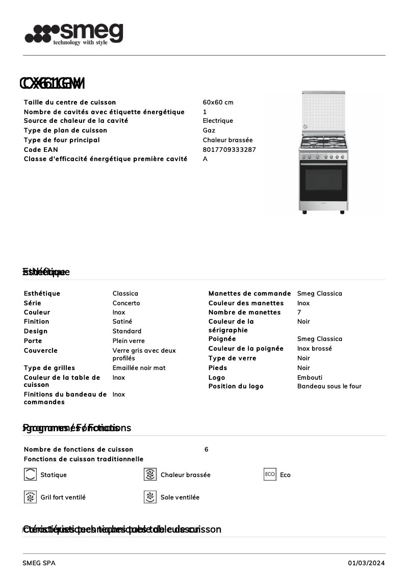 Page 1 of the manual Technical Sheet Smeg CX61GM