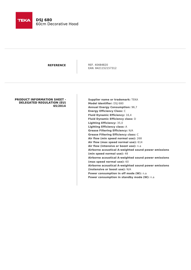 Page 1 of the manual Technical Sheet Teka DSJ 680