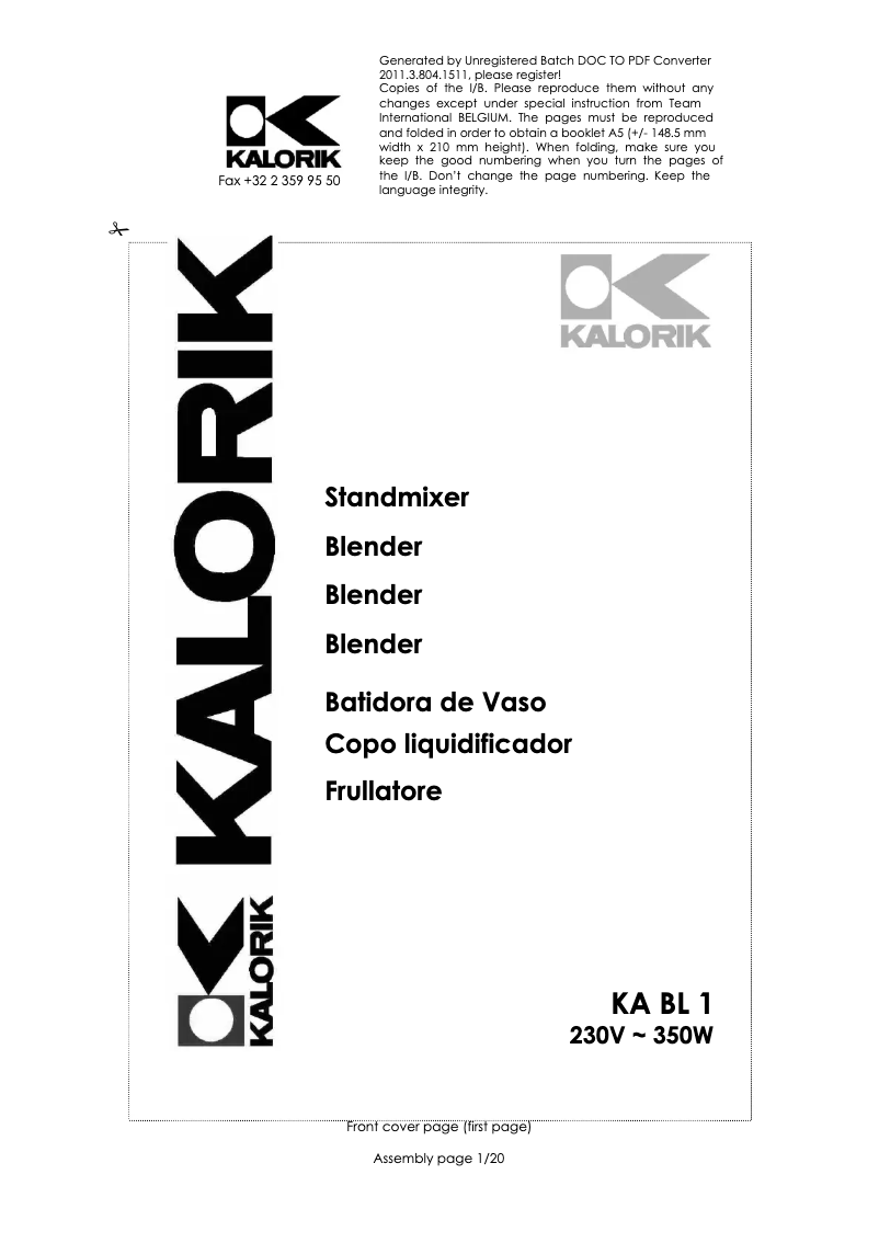 First page image of the manual for KA BL 1