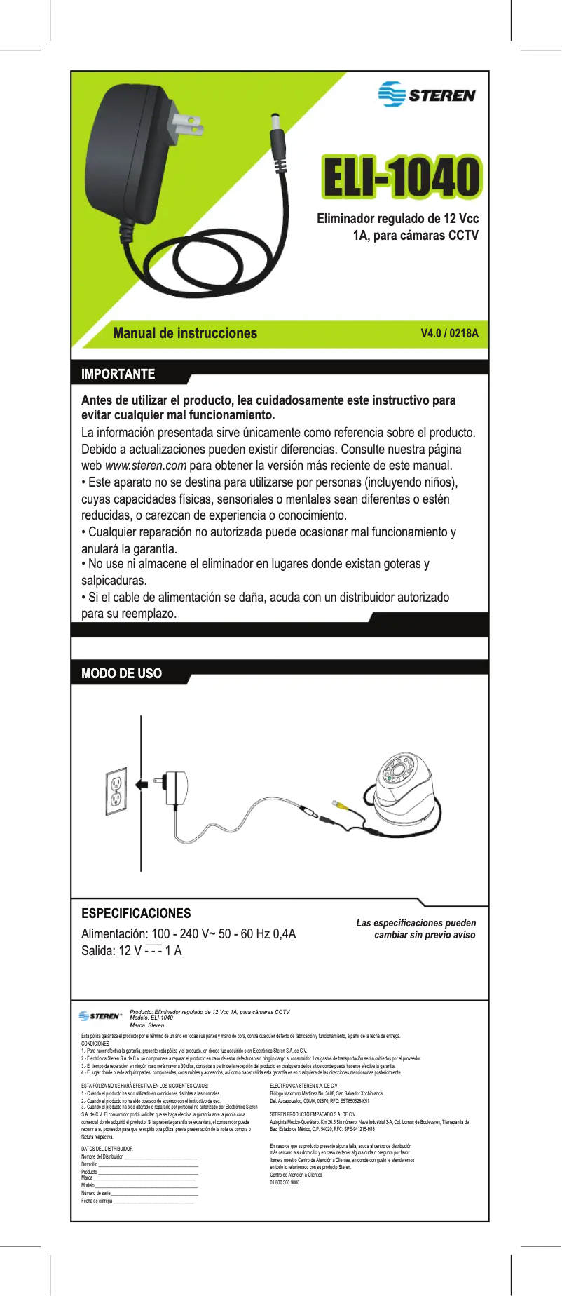 First page image of the manual for ELI-1040