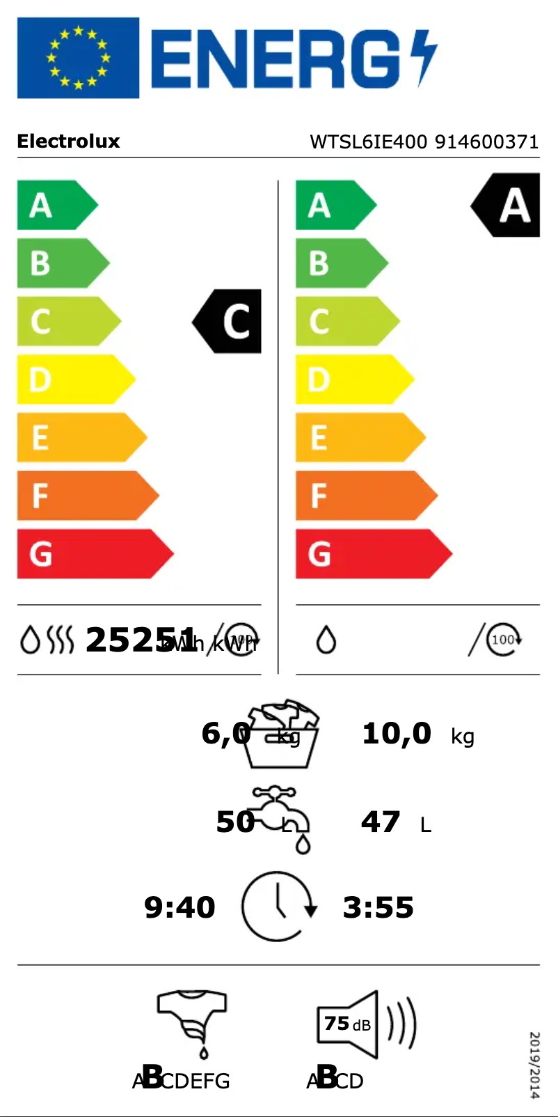 Page 1 of the manual Energy Label Electrolux WTSL6IE400