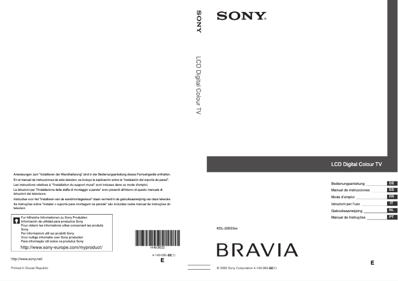 First page image of the manual for Bravia KDL-22E5310E