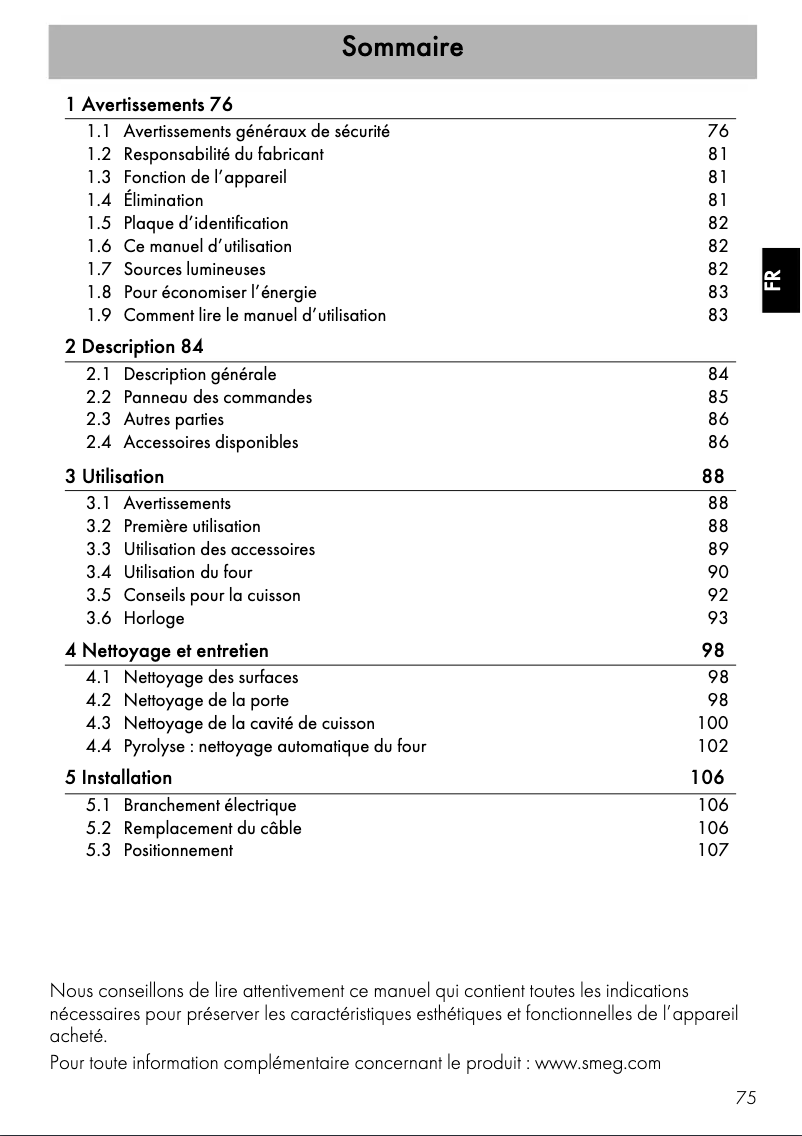Page 1 of the manual User Manual Smeg SFP750POPZ