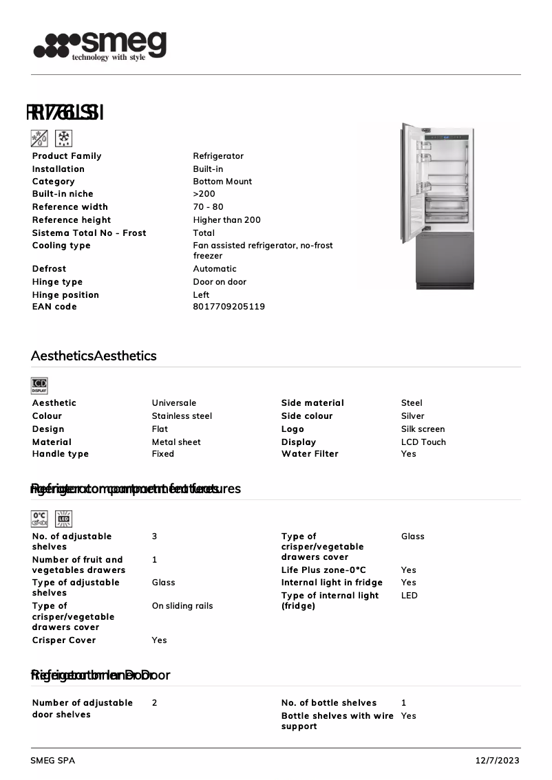 Page 1 of the manual Technical Sheet Smeg RI76LSI