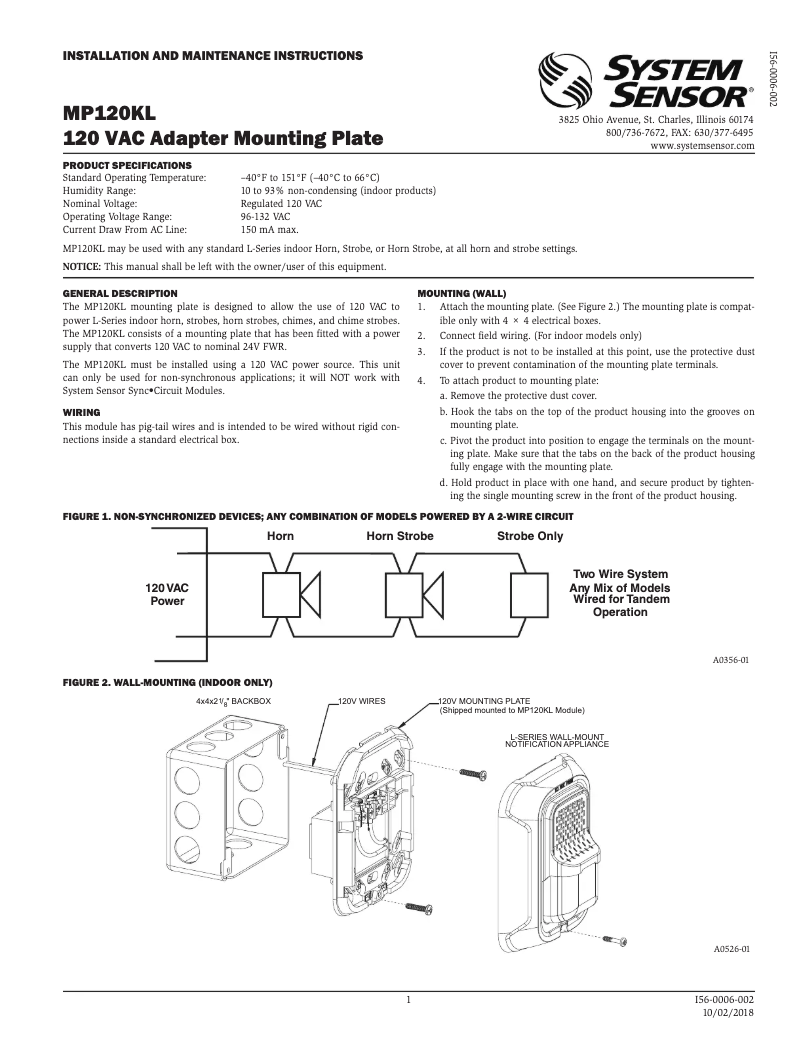 Page 1 of the manual User Manual System Sensor MP120KL