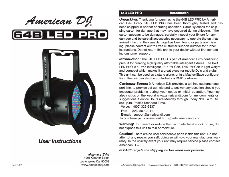 Page 1 of the manual User Manual American DJ 64B LED Pro
