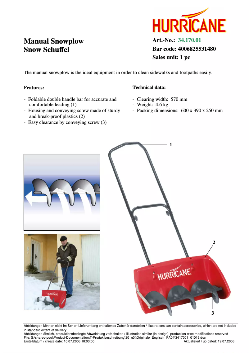 Page 1 of the manual User Manual Hurricane Snow Schuffel