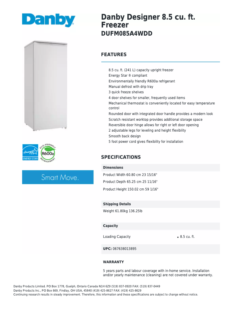 Page 1 of the manual Technical Sheet Danby DUFM085A4WDD