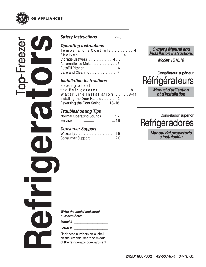 First page image of the manual for GTS15CTHRWW