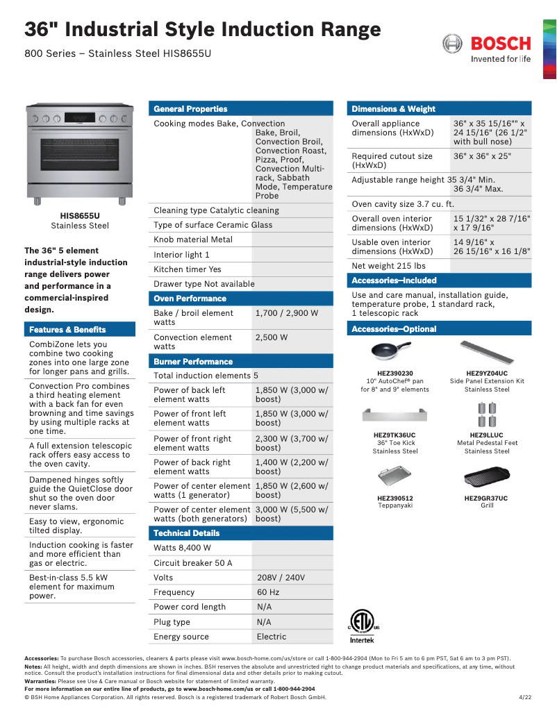 Page 1 of the manual Technical Sheet Bosch HIS8655U