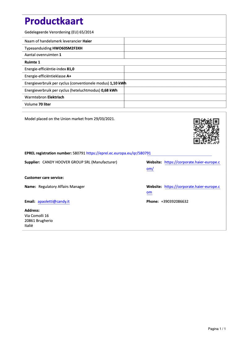 Page 1 de la notice Fiche technique Haier I-Turn Series 2 HWO60SM2F3XH