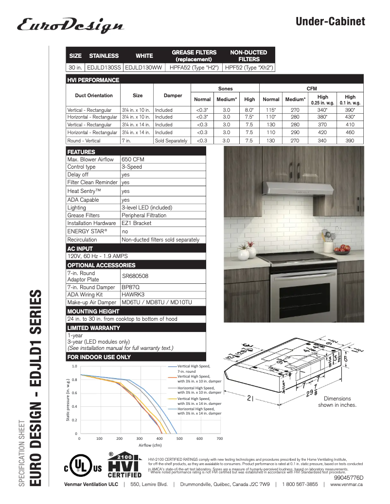 Page 1 of the manual Technical Sheet Venmar EDJLD130SS