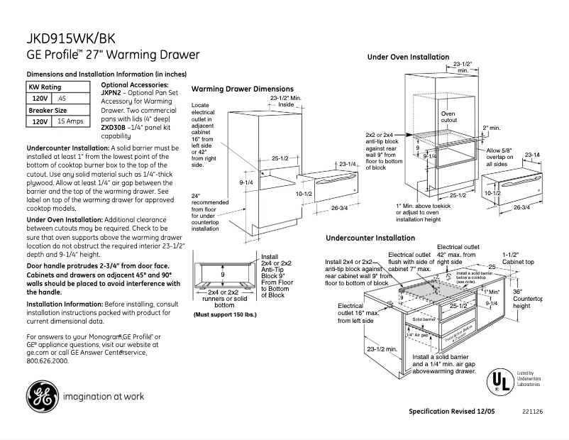 Page 1 of the manual Technical Sheet GE Profile JKD915WKWW