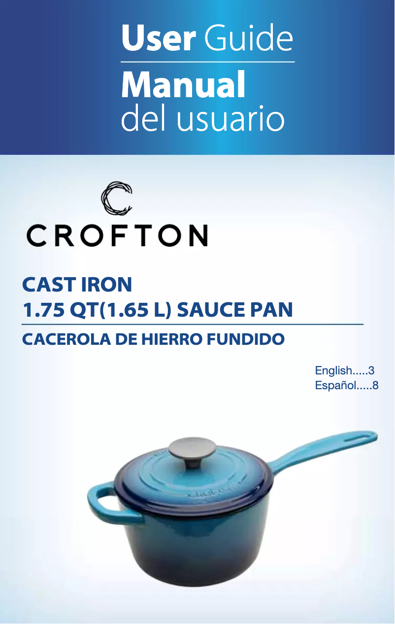 First page image of the manual for 1.75 qt. Cast Iron Saucepan