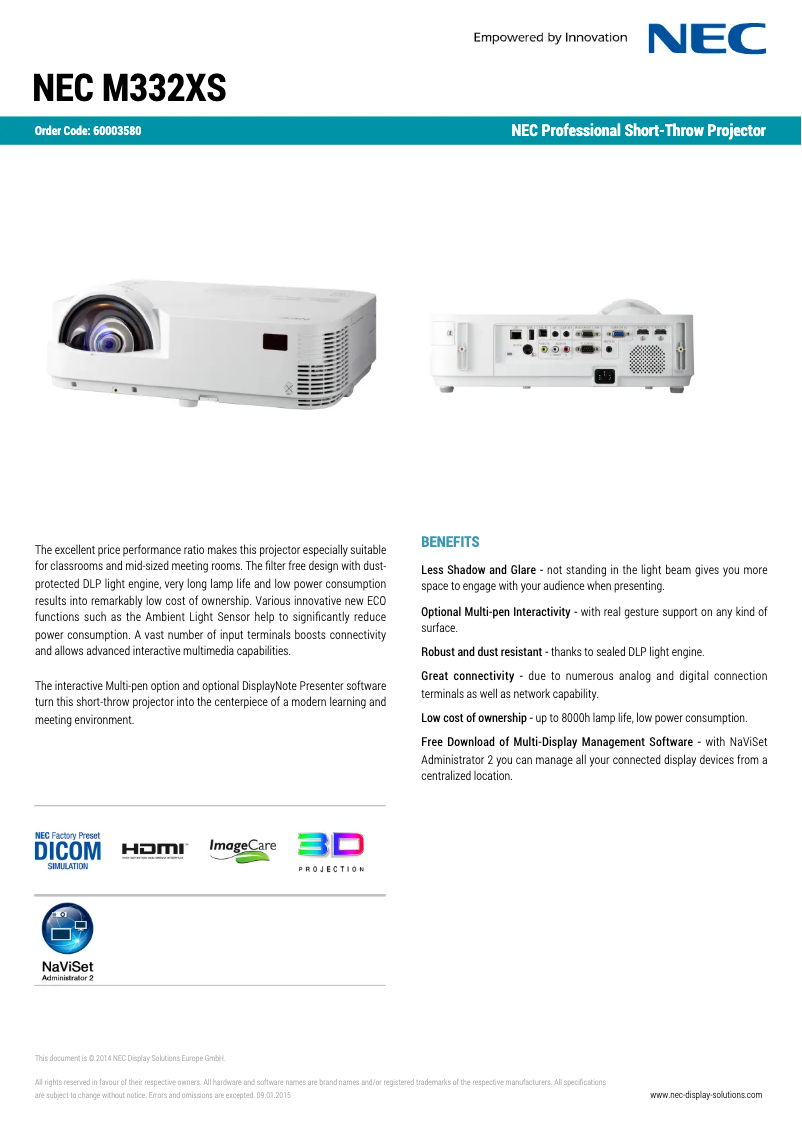 Page 1 of the manual Technical Sheet NEC M332XS