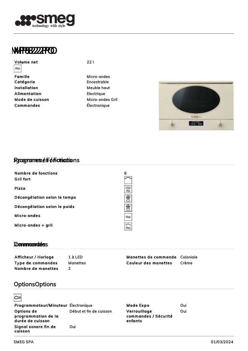 Page 1 of the manual Technical Sheet Smeg MP822PO