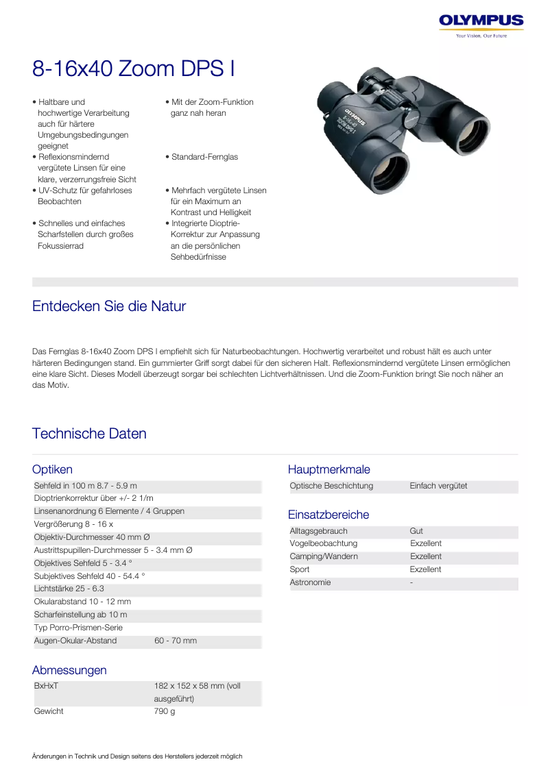 Page 1 of the manual Technical Sheet Olympus 8-16x40 Zoom DPS I