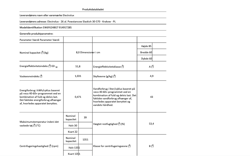 Page 1 of the manual Technical Sheet Electrolux EW6F6248G7