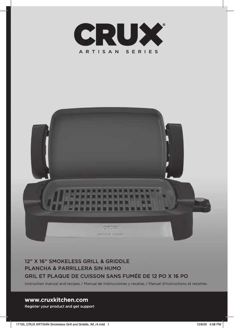 Page 1 of the manual User Manual CRUX Artisan Series 12” x 16” Smokeless Grill & Griddle