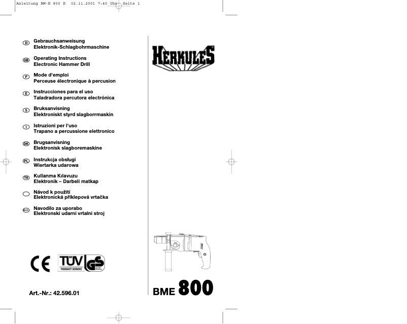 First page image of the manual for BME 800