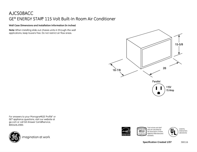 Page 1 of the manual Technical Sheet GE AJCS08ACC