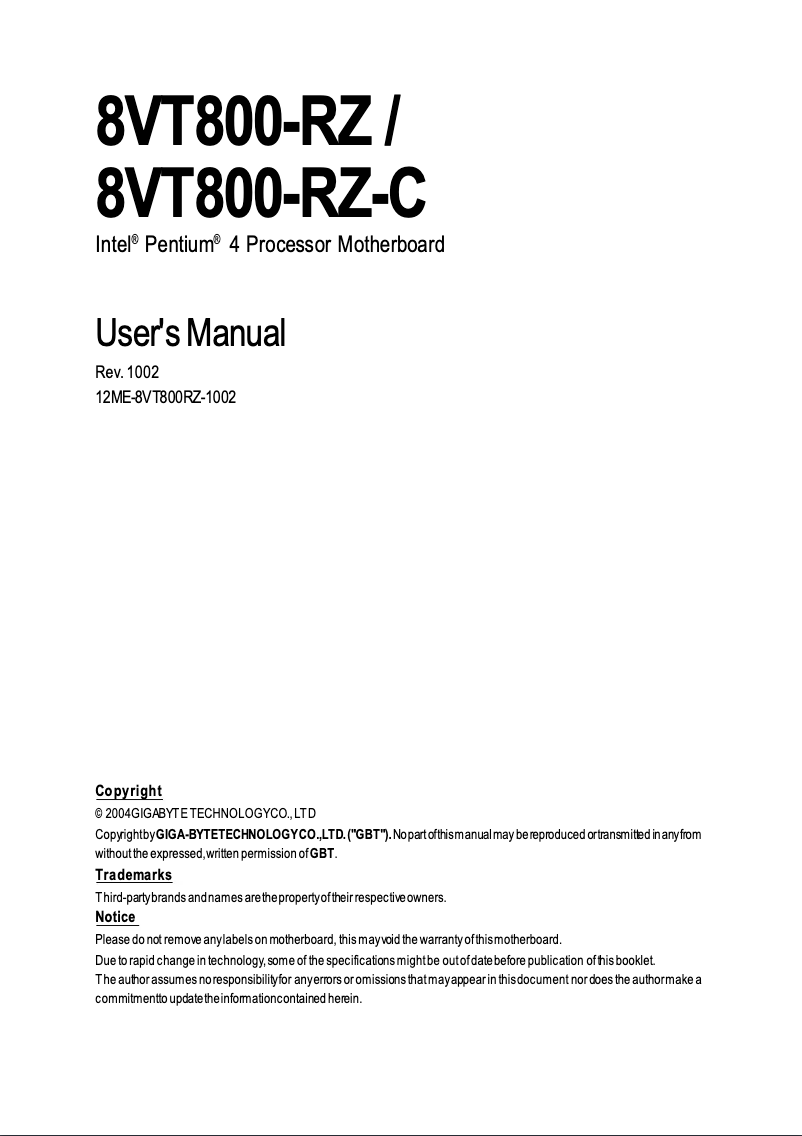 First page image of the manual for 8VT800-RZC