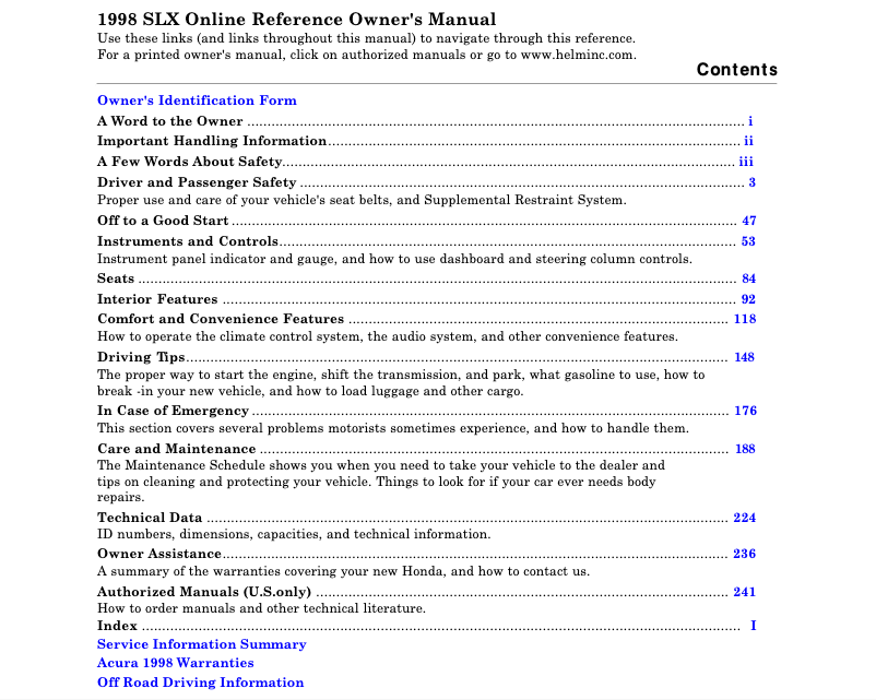 Page 1 of the manual User Manual Honda Acura SLX (1998)