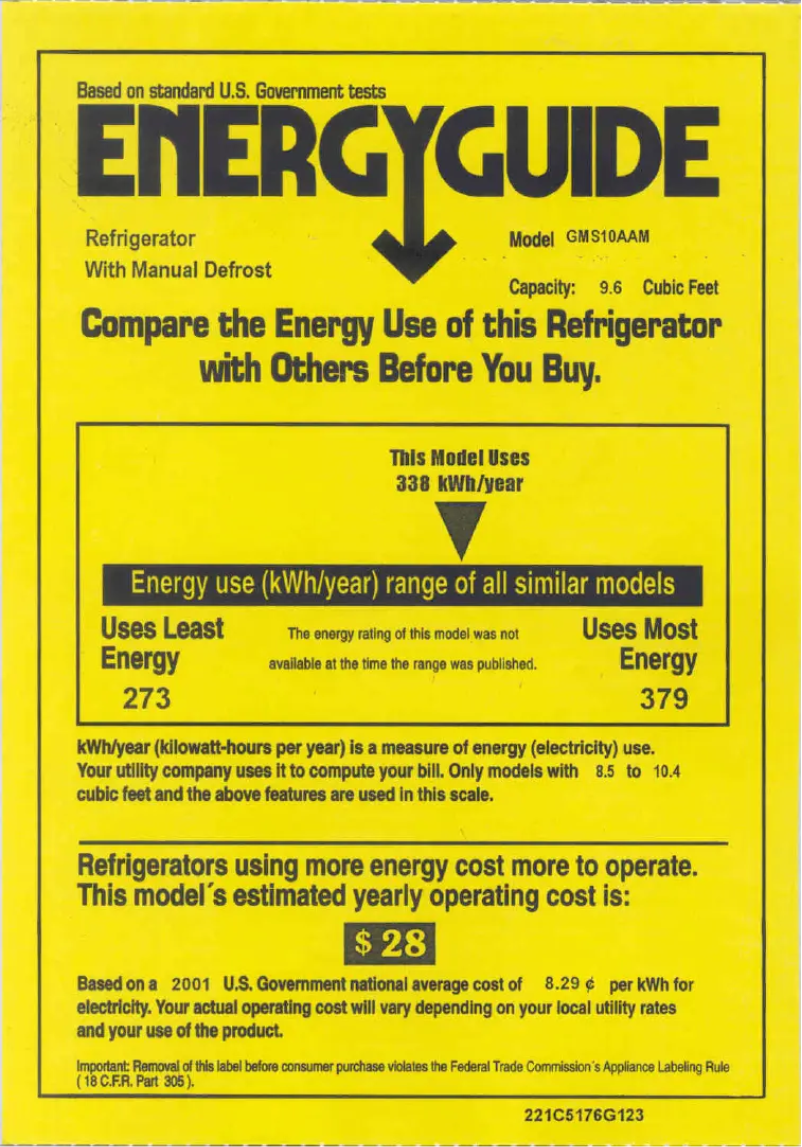 Page 1 of the manual Energy Label GE GMS10AAMLWW