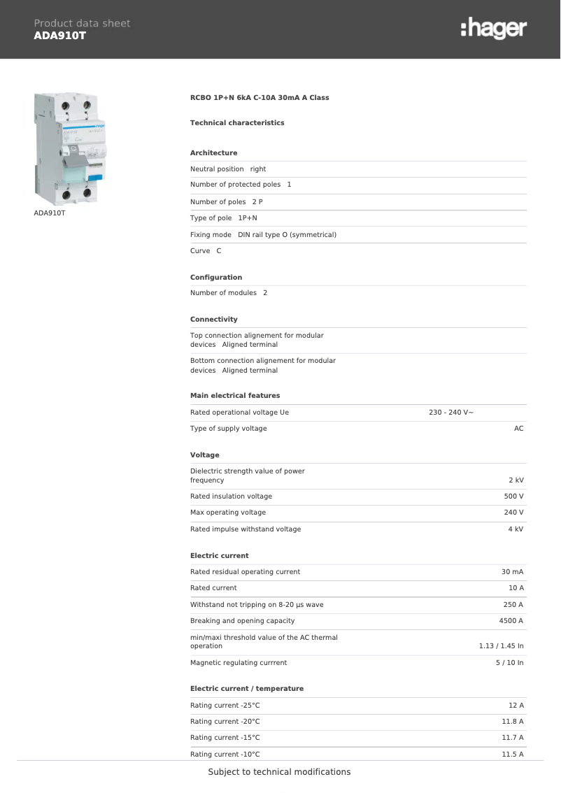 Page 1 of the manual Technical Sheet Hager ADA910T