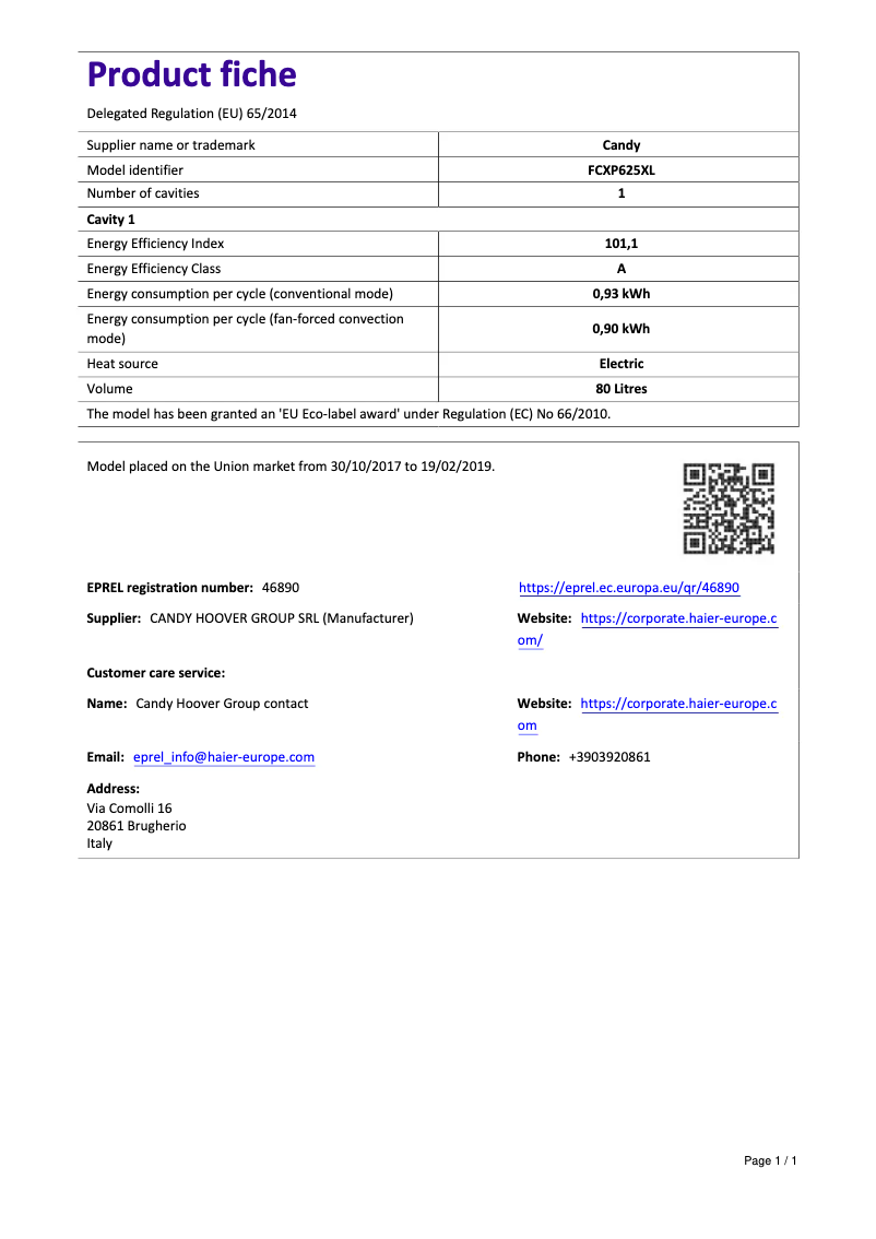 Page 1 of the manual User Manual Candy FCXP625XL