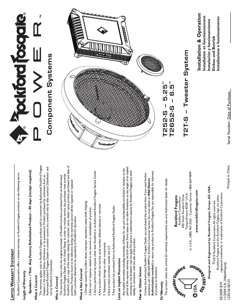 Page 1 de la notice Manuel d'utilisation et d'entretien Rockford Fosgate Power T2T-S
