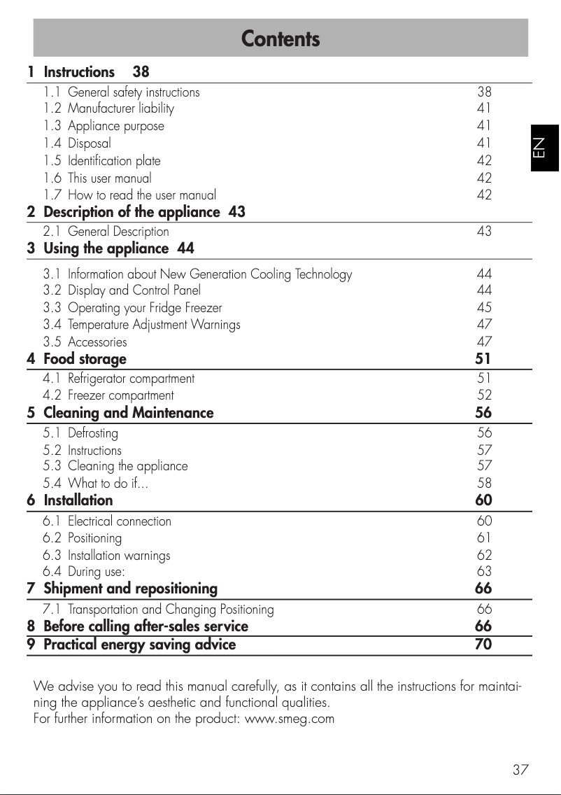 Page 1 of the manual Instruction Manual Smeg FA3905RX