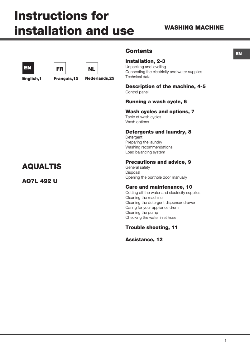 First page image of the manual for Aqualtis AQ7L 492 U