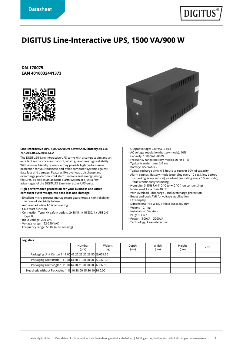 Page 1 of the manual Technical Sheet Digitus DN-170075