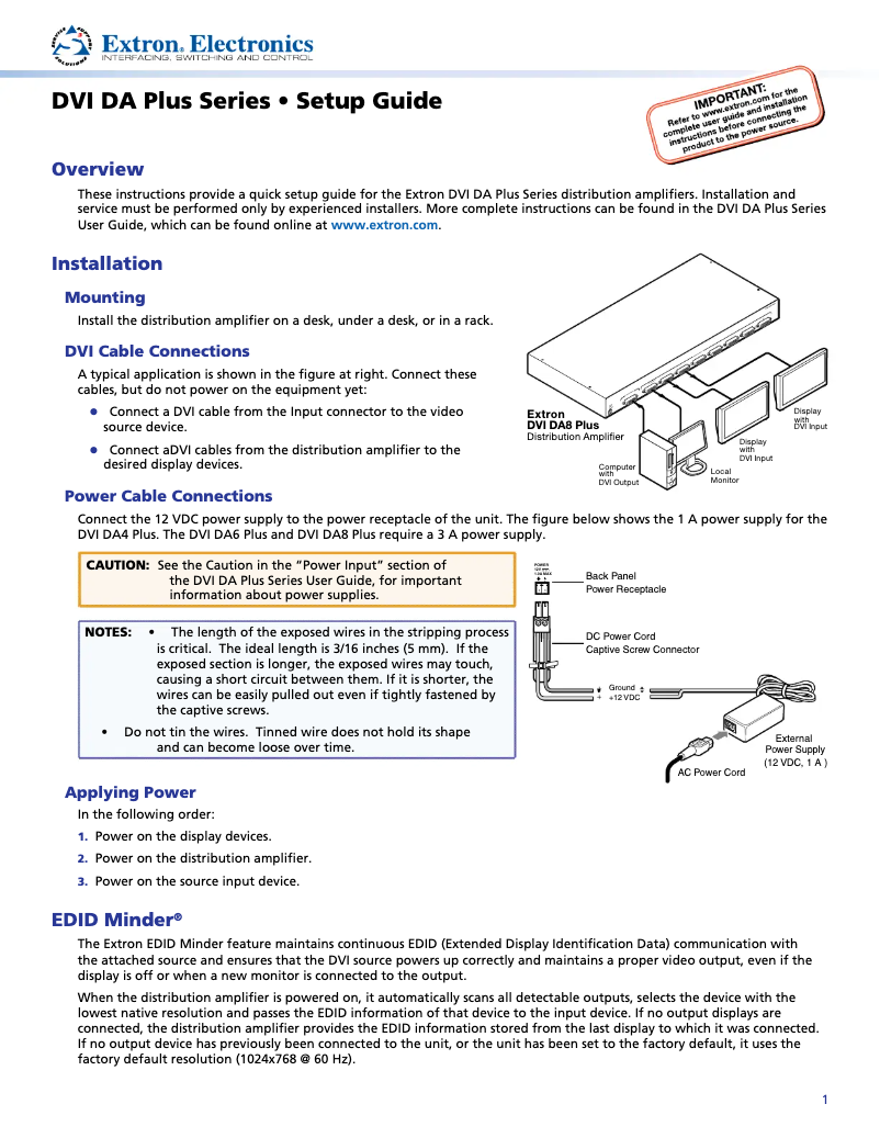 Page 1 of the manual User Manual Extron DVI DA Plus Series