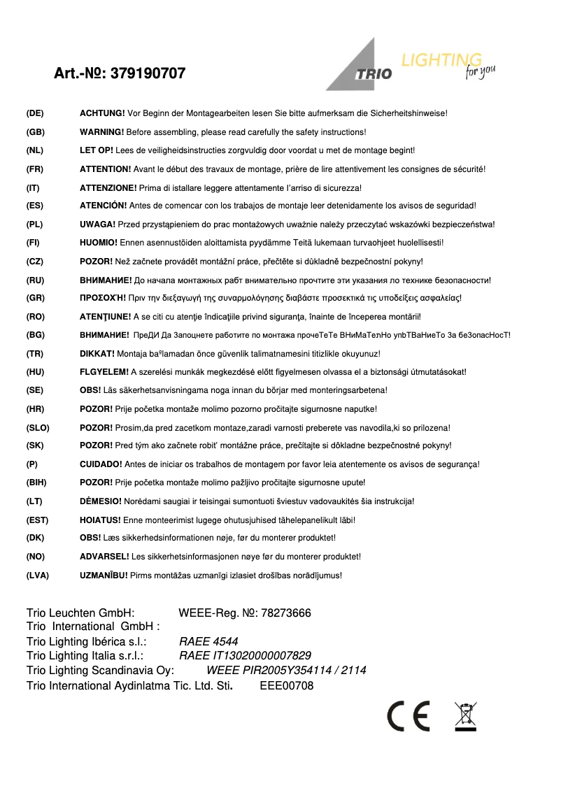 Page 1 of the manual User Manual Trio Lighting Lacal 379190707