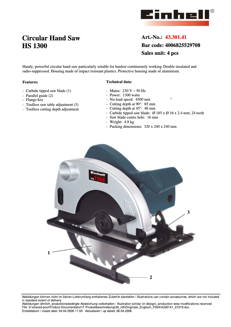 Page 1 of the manual User Manual Einhell HS 1300