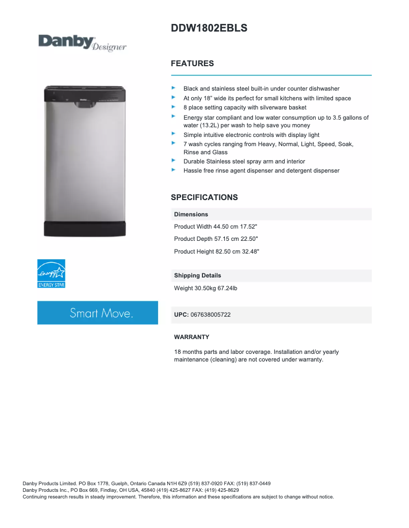 Page 1 of the manual Technical Sheet Danby DDW1802