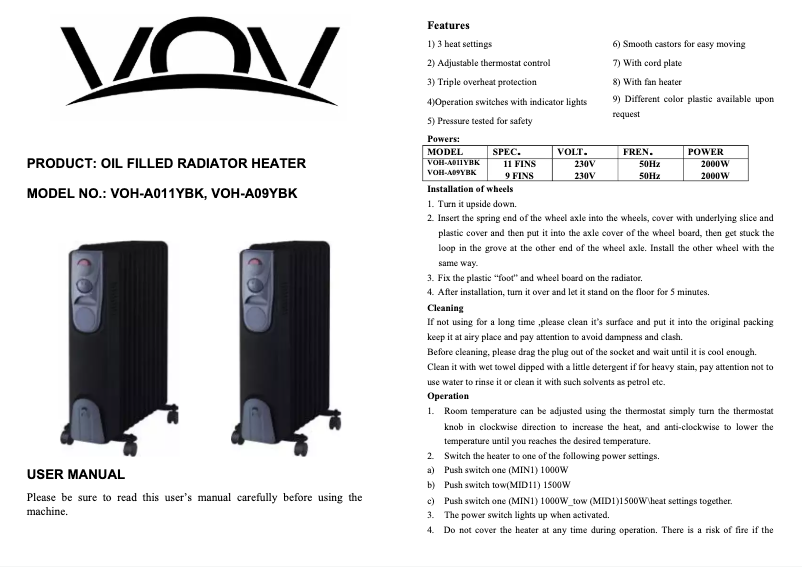 First page image of the manual for VOH-A09YBK